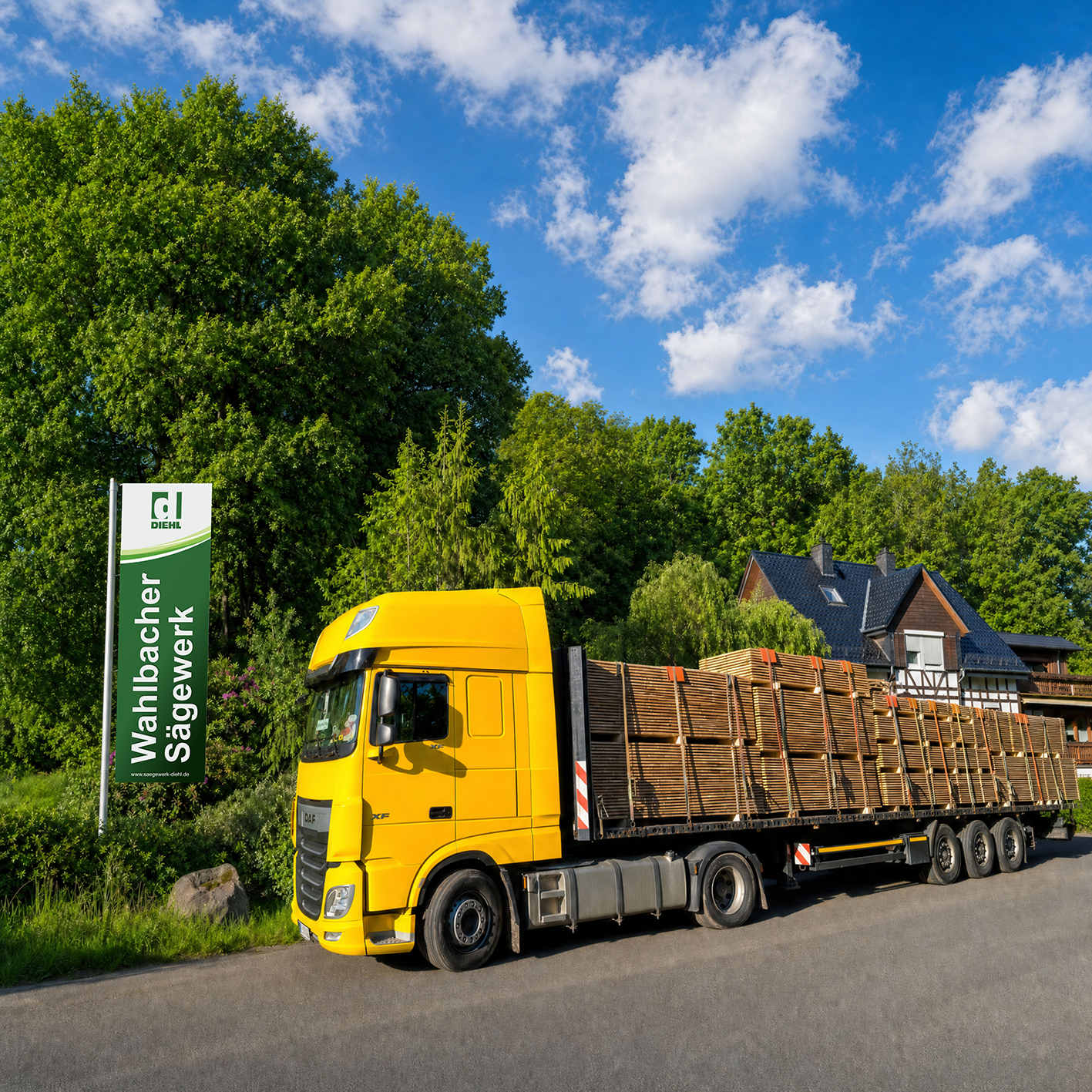 Diehl LKW mit hochwertigem Fassadenholz auf dem Weg ins Allgäu – Rhombusleisten, Lärche, Douglasie und Thermoholz